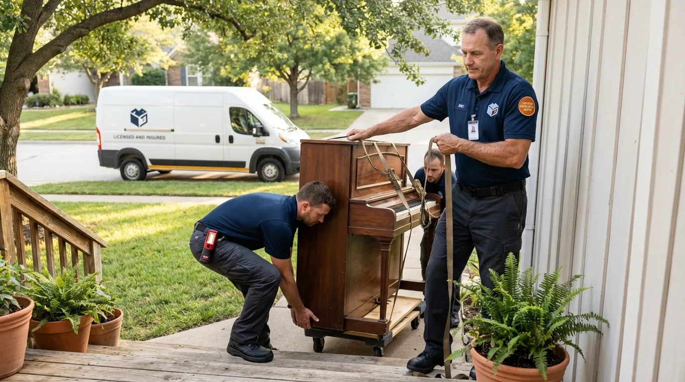 Licensed piano movers securing grand piano in Irwin, PA