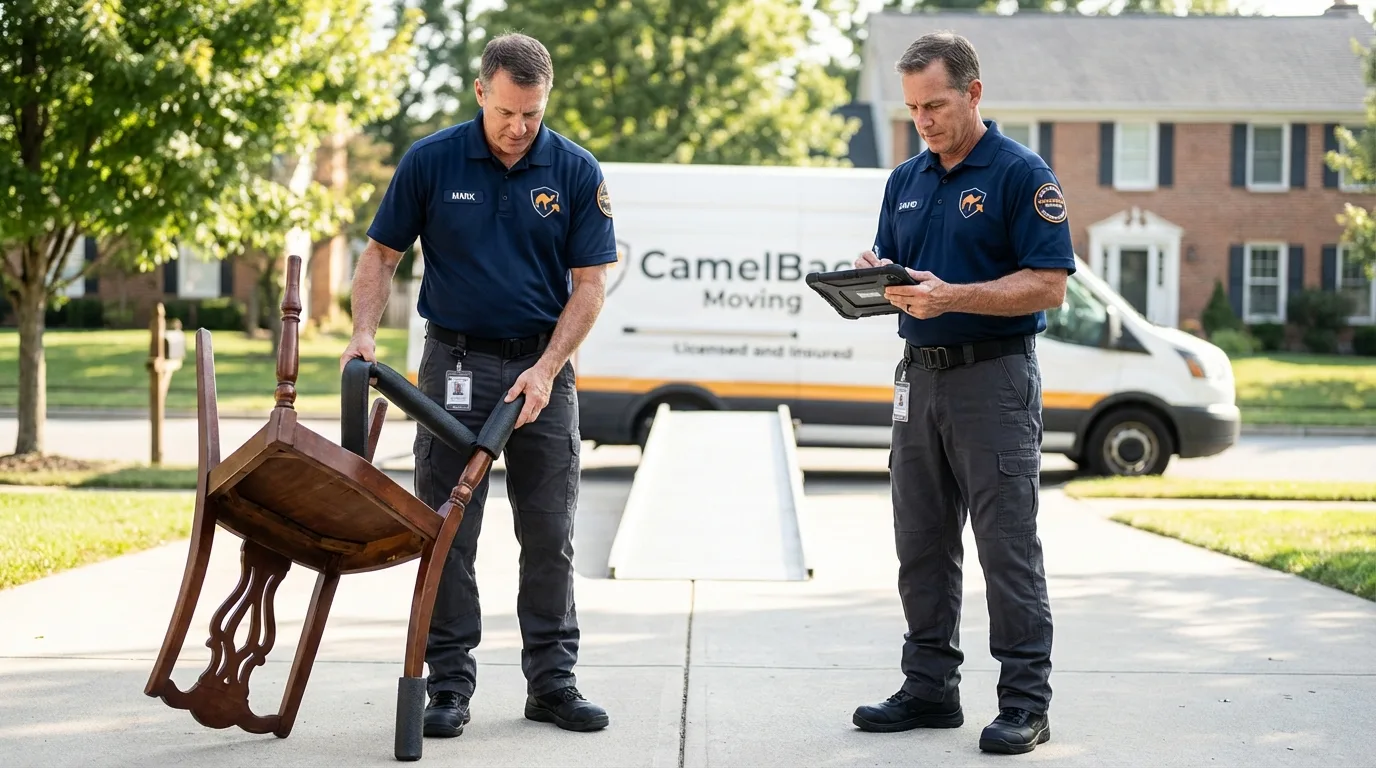 Movers inspecting furniture for damage prevention before loading in Irwin, PA