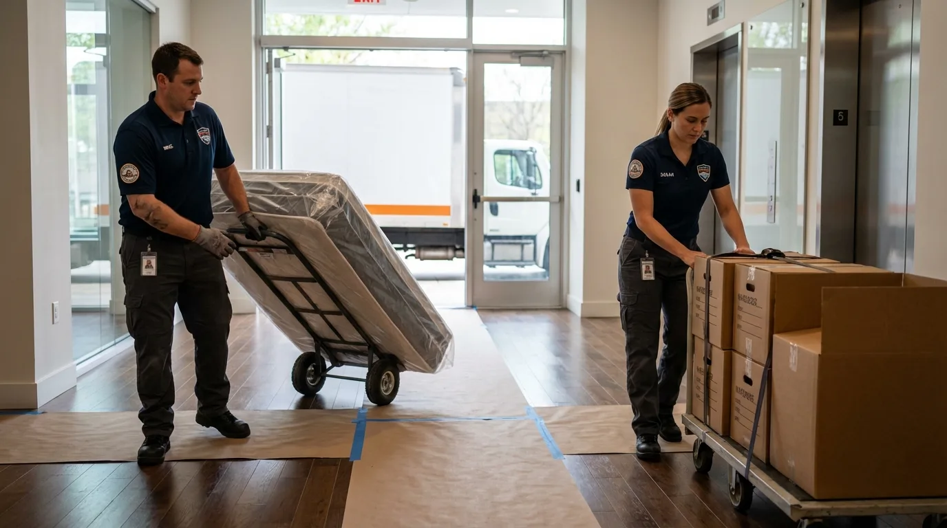 Professional apartment movers loading elevator in Irwin, PA